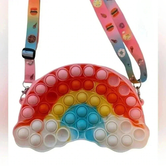 NWOT Silicone Round Pop It Rainbow Shoulder Bag Girls Fidget Toy Unicorn - Picture 2 of 2